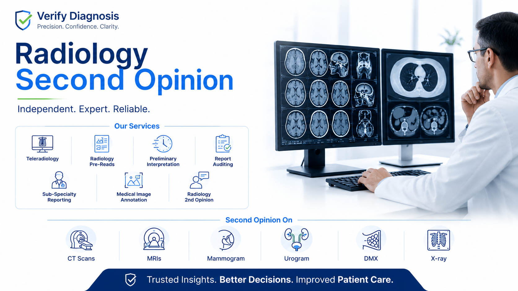 Modality-specialist radiologists reviewing MRI, CT, and X-ray imaging for VerifyDiagnosis